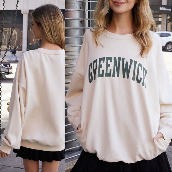 Brandy Melville John Galt Cream Greenwich Crew Neck Sweatshirt Oversized Pockets - Picture 2 of 16